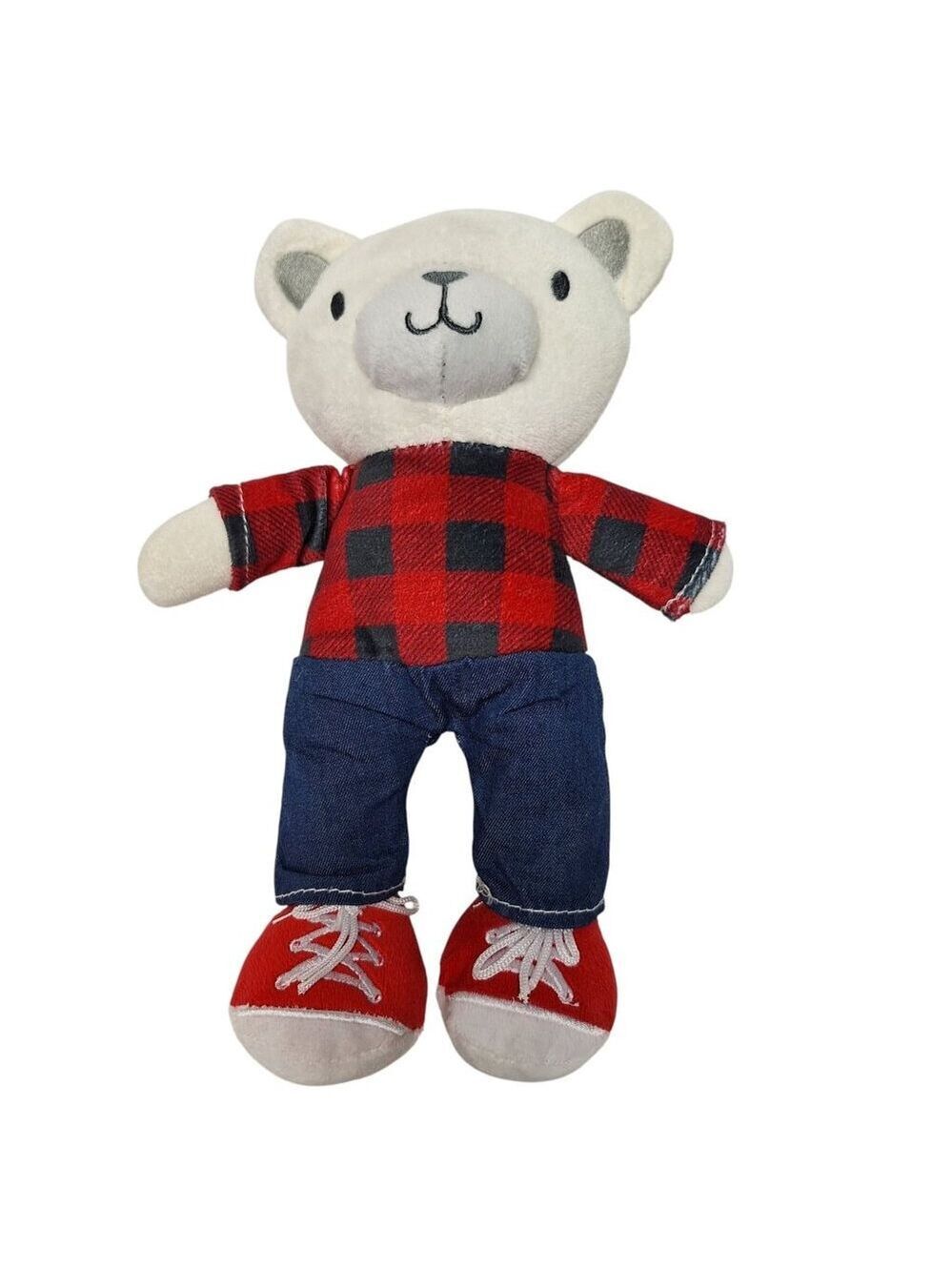 Baby Gear White Bear Plush Red Buffalo Plaid Denim Jeans 11.5"